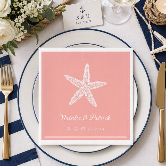 Serviette En Papier Mariage Étoile de Mer Corail (Coral Starfish Wedding Napkins)