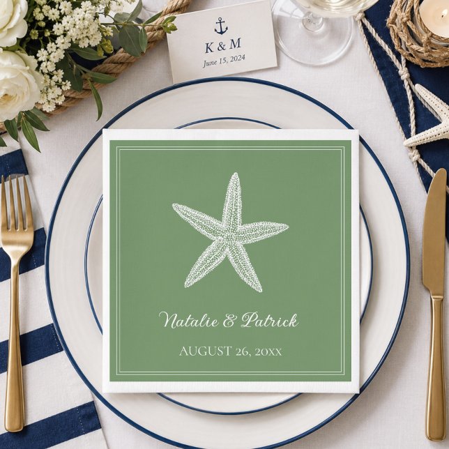 Serviette En Papier Mariage Étoile de Mer Vert de Mousse (Moss Green Starfish Wedding Napkins)