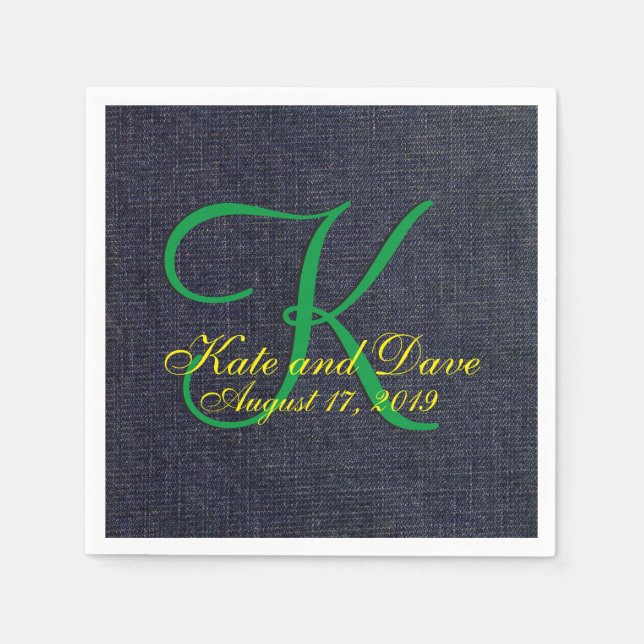 Serviette En Papier Mariage Faux Blue Jean Denim Tissu Monogramme (Devant)