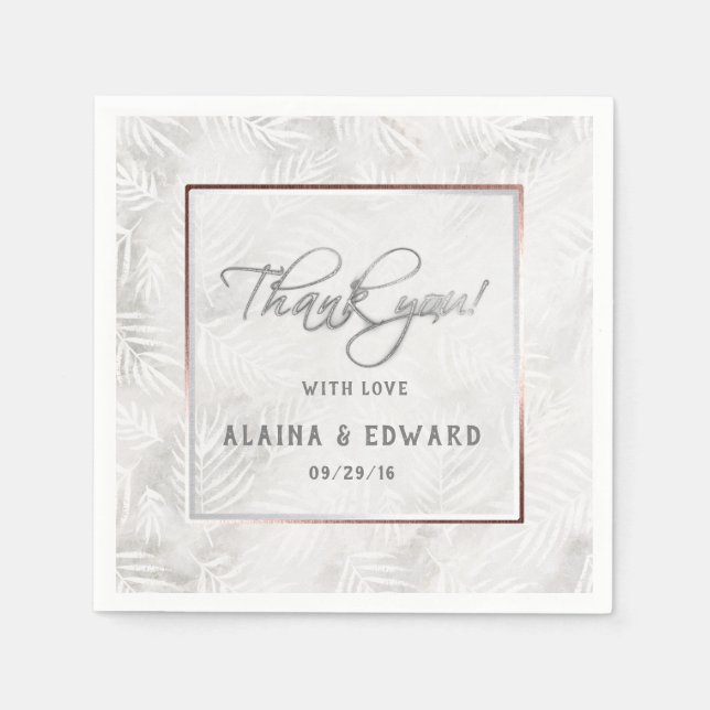 Serviette En Papier Mariage Feuille gris argent et rose pâle (Devant)