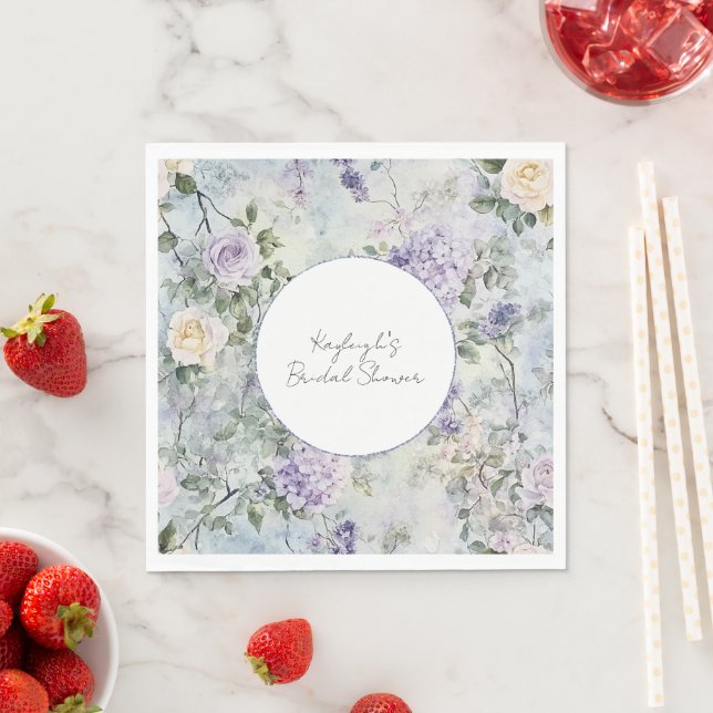 Serviette En Papier Mariage Fleur Rose Crème Lavande Violette (En situation)