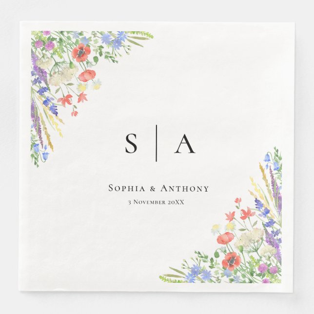 Serviette En Papier Mariage Fleur sauvage aquarelle (Devant)