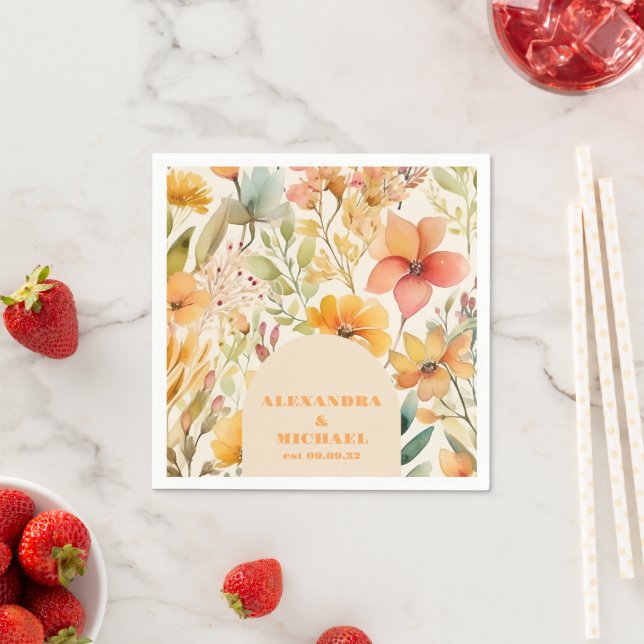 Serviette En Papier Mariage Fleur sauvage Aquarelle rose orange (En situation)