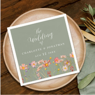 Serviette En Papier Mariage Fleur Sauvage Bohème Vert Sauge Floral