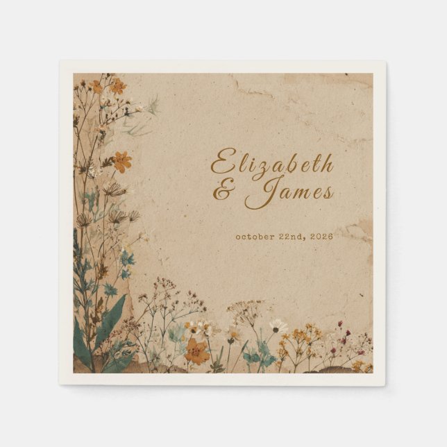 Serviette En Papier Mariage Fleur sauvage Boho rustique frontière beig (Devant)