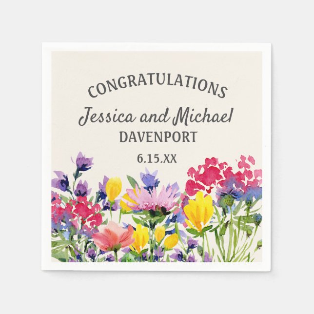 Serviette En Papier Mariage Fleur sauvage couleur d'eau jaune violet (Devant)