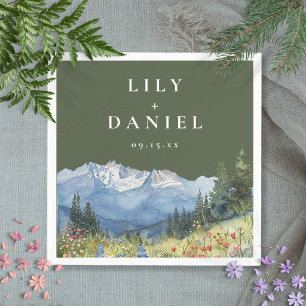 Serviette En Papier Mariage Fleur Sauvage Montagne Aquarelle Vert Oliv