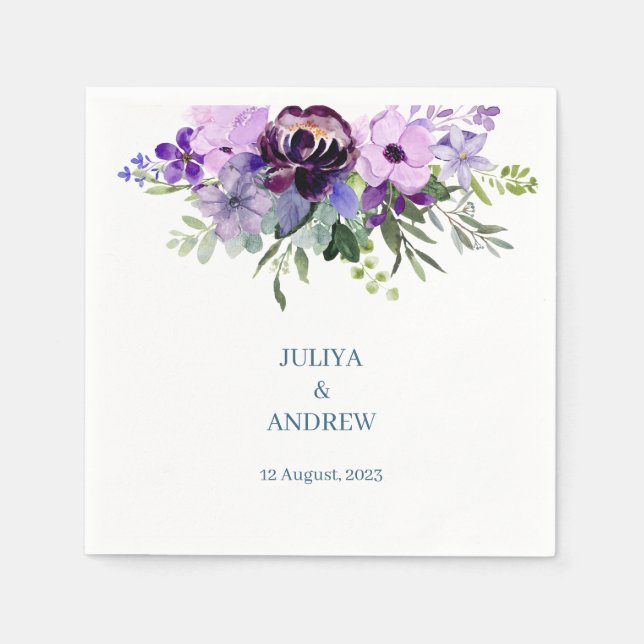Serviette En Papier Mariage fleuri pourpre et vert (Devant)