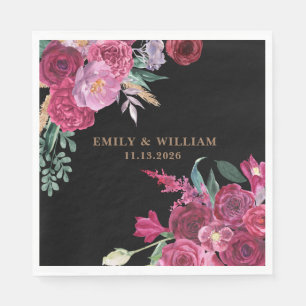 Serviette En Papier Mariage Fleuris Noir Romantique Sombre Bourgogne