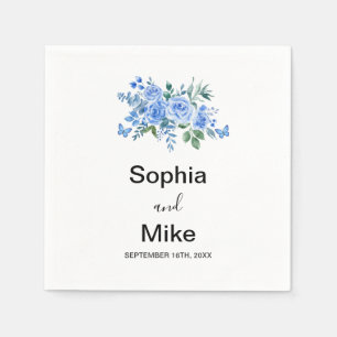 Serviette En Papier Mariage Fleurs Aquarelles Bleues et Papillons