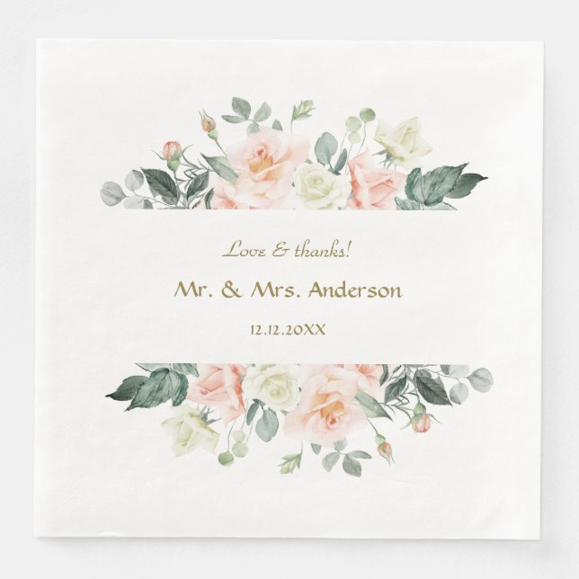 Serviette En Papier Mariage Fleurs Blanches Aquarelle Délicate Rose (Devant)