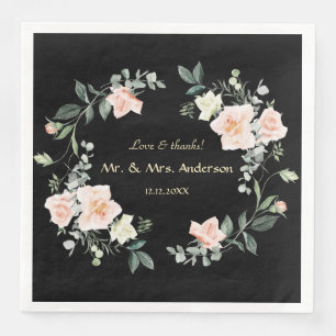 Serviette En Papier Mariage Fleurs Blanches Aquarelle Rose Pâle Noir