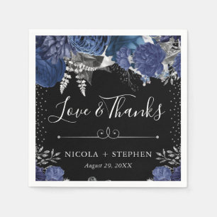 Serviette En Papier Mariage Fleurs Bleu et Argent Aquarelle