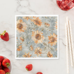 Serviette En Papier Mariage Fleurs Crème Orange Bleue