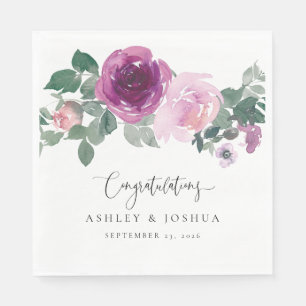 Serviette En Papier Mariage floral aquarelle blanc rose magenta
