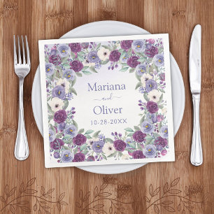 Serviette En Papier Mariage floral aquarelle fuchsia et pervenche Blus