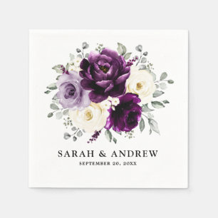 Serviette En Papier Mariage Floral Aubergine Violet Abricot Blanc