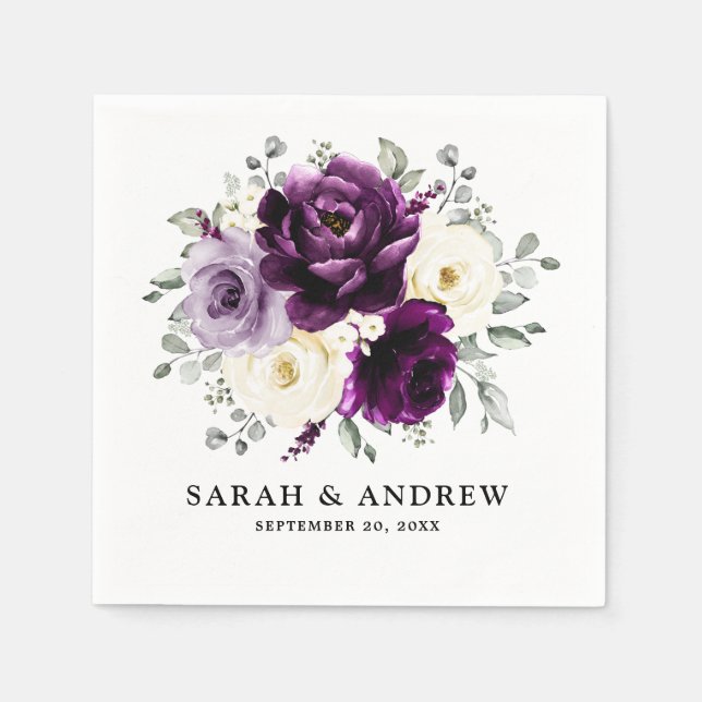 Serviette En Papier Mariage Floral Aubergine Violet Abricot Blanc (Devant)