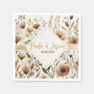 Serviette En Papier Mariage floral avec ruban d'or
