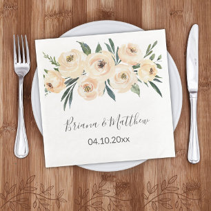 Serviette En Papier Mariage Floral Beige Blush Blanc
