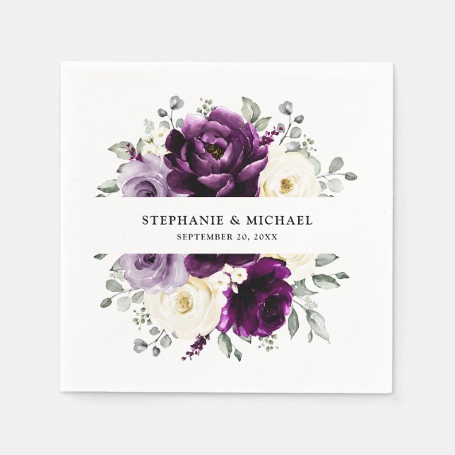Serviette En Papier Mariage floral blanc blanc blanc blanc de prune d' (Devant)