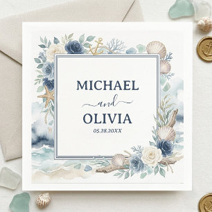 Serviette En Papier Mariage Floral Bleu Coquillage d'Ancre Nautique