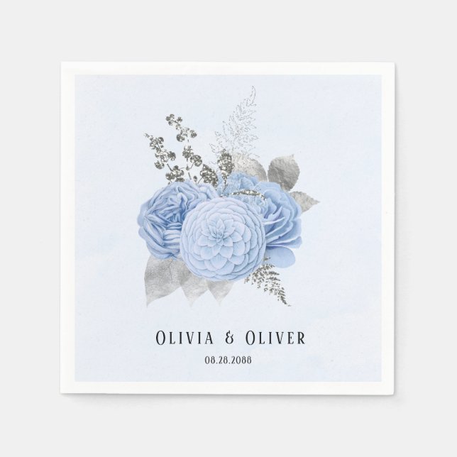 Serviette En Papier Mariage floral bleu et argenté (Devant)
