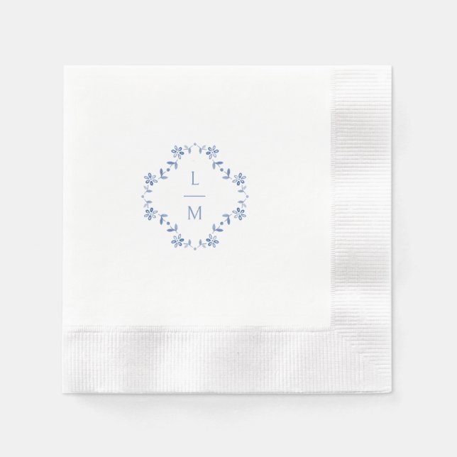 Serviette En Papier Mariage Floral bleu et blanc (Devant)