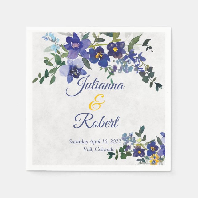 Serviette En Papier Mariage floral bleu et jaune (Devant)