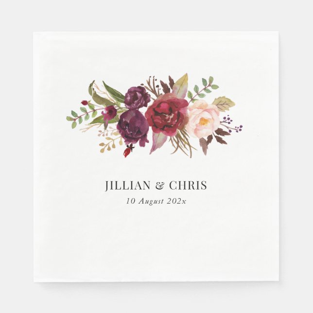 Serviette En Papier Mariage Floral Bourgogne Moderne Et Brut (Devant)