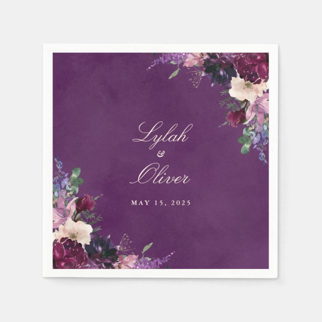 Serviette En Papier Mariage floral d'aubergine violet serviettes (Devant)