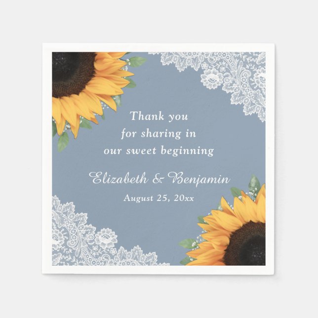 Serviette En Papier Mariage floral de dentelle bleu rustique (Devant)