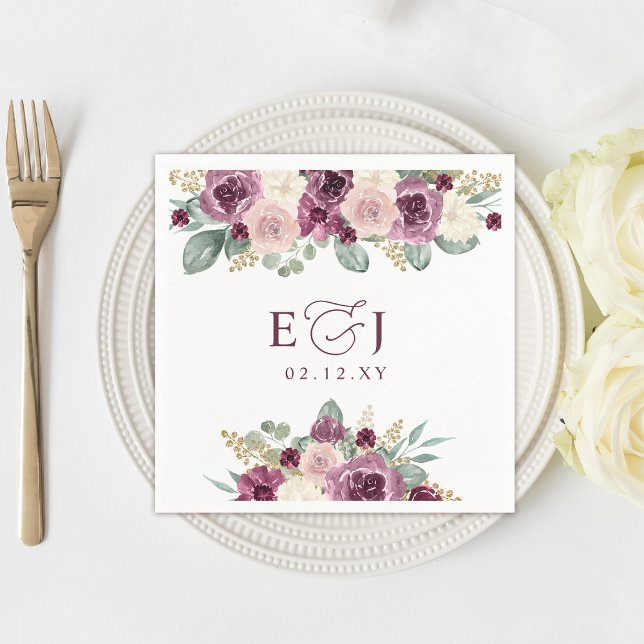 Serviette En Papier Mariage floral de prune moderne élégante (Elegant Modern Botanical Plum Floral Wedding Napkins)