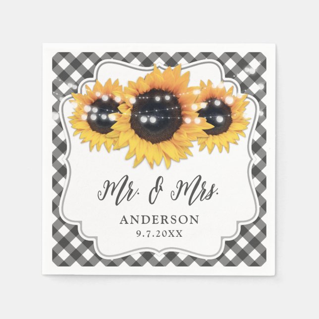 Serviette En Papier Mariage floral de tournesol rustique En vichy noir (Devant)