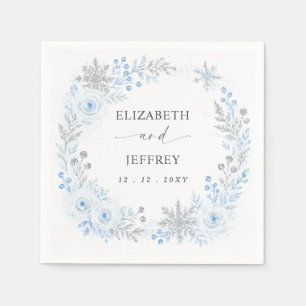 Serviette En Papier Mariage Floral d'Hiver aux Flocons de Neige Bleu A
