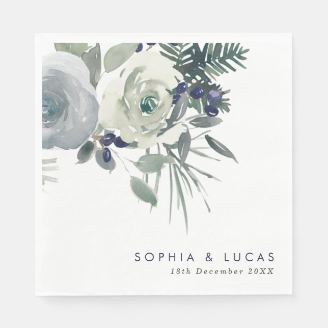 Serviette En Papier Mariage floral d'hiver de la Marine (Devant)