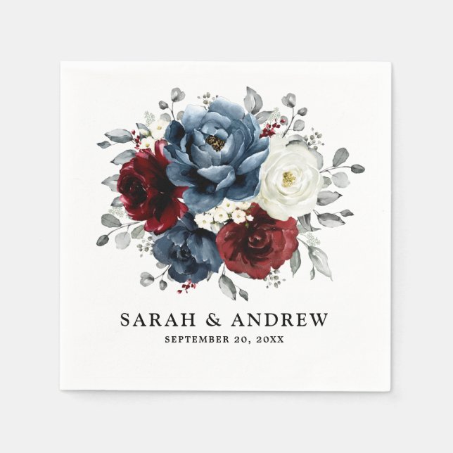 Serviette En Papier Mariage floral d'ivoire blanc bleu ardoise (Devant)