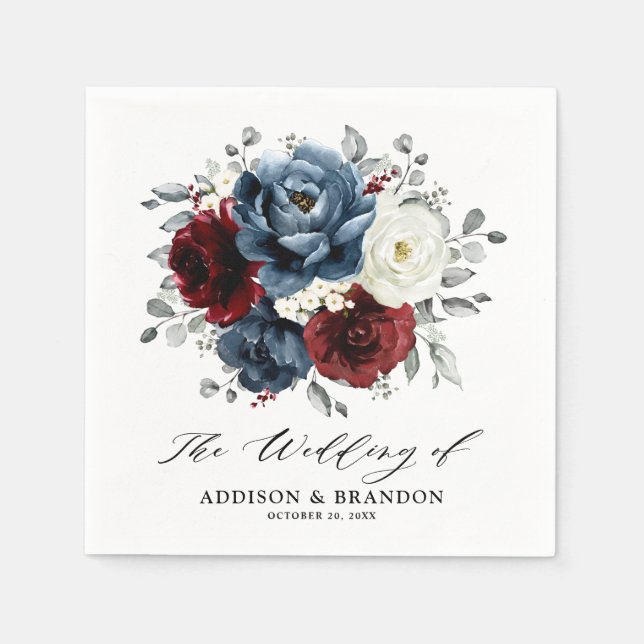 Serviette En Papier Mariage floral d'ivoire blanc bleu ardoise (Devant)