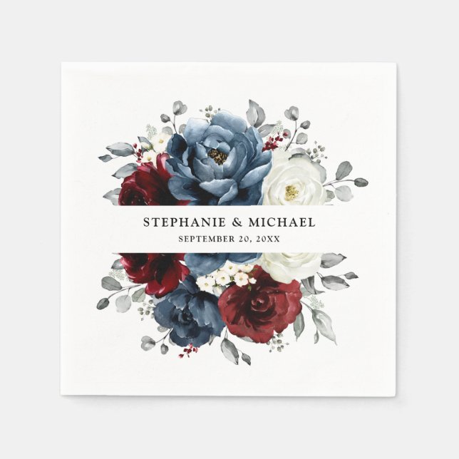 Serviette En Papier Mariage floral d'ivoire blanc bleu ardoise (Devant)
