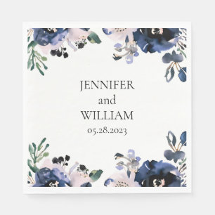 Serviette En Papier Mariage floral élégant bleu marine et rose pâle