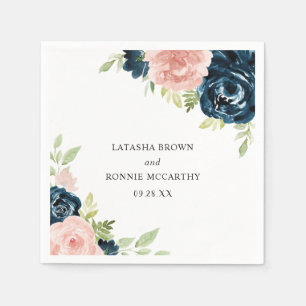 Serviette En Papier Mariage Floral Élégant Rose Pâle et Bleu Marine