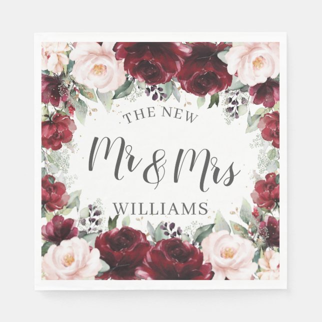 Serviette En Papier Mariage Floral Fleur Burgundy Blush Bébé Shower  (Devant)