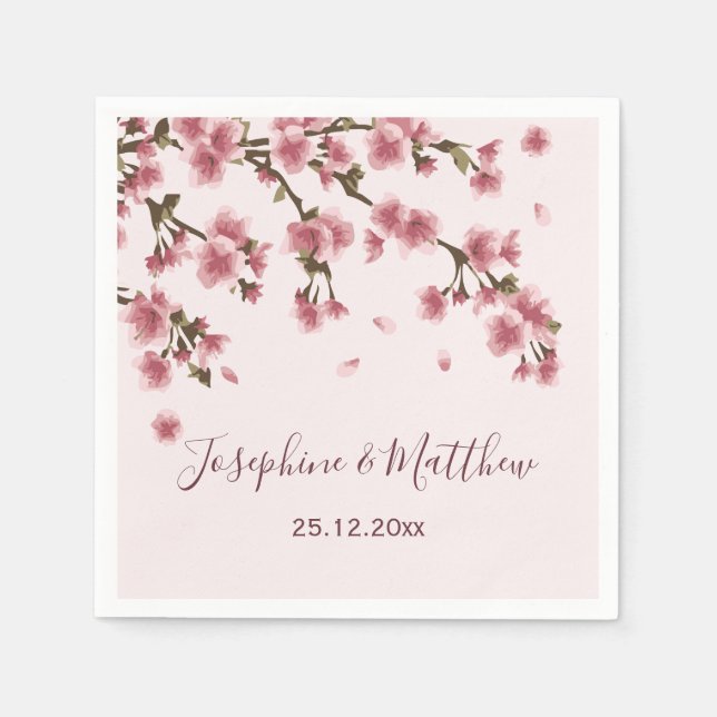 Serviette En Papier Mariage Floral Fleur de Cerisier Rose (Devant)