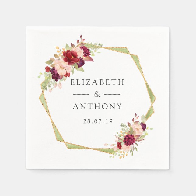 Serviette En Papier Mariage floral géométrique de Bourgogne et de Brum (Devant)