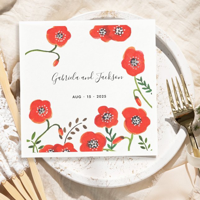 Serviette En Papier Mariage floral moderne des pavots rouges (Red poppies modern floral wedding napkins)