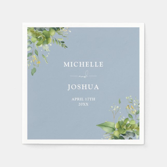 Serviette En Papier Mariage floral moderne Dusty bleu vert (Devant)