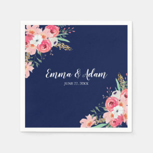 Serviette En Papier Mariage floral Napkin fleurs botaniques bleu marin