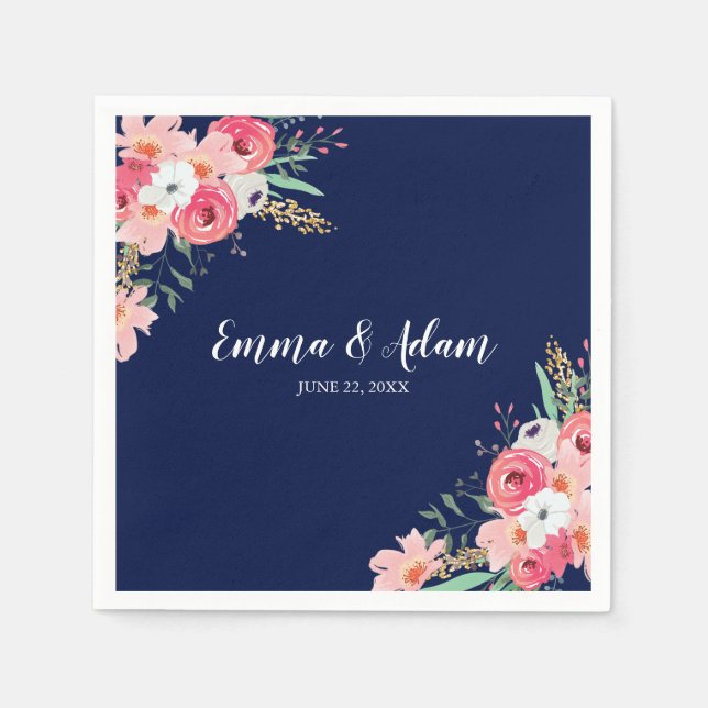 Serviette En Papier Mariage floral Napkin fleurs botaniques bleu marin (Devant)