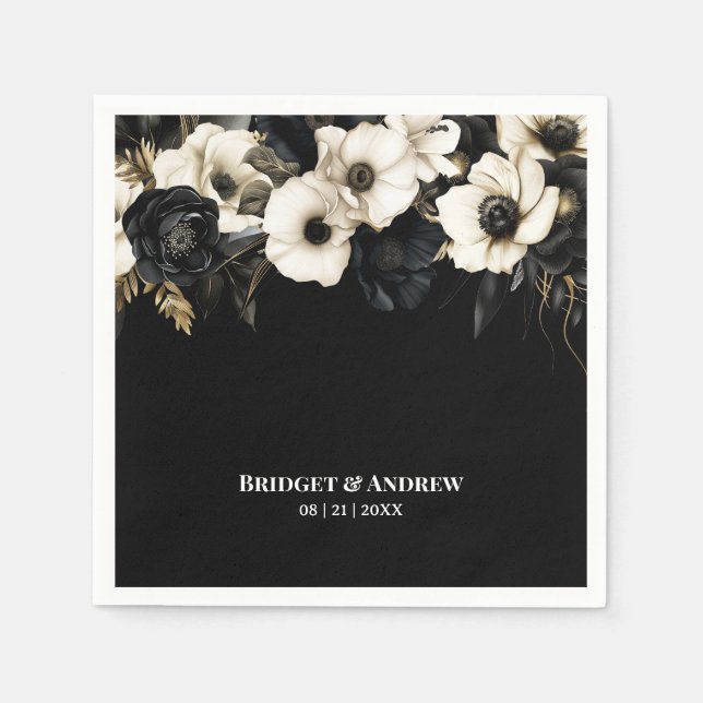 Serviette En Papier Mariage floral noir et blanc (Devant)