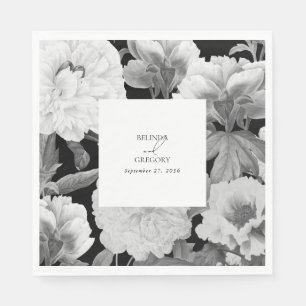 Serviette En Papier Mariage floral noir et blanc Peonies d'aquarelle